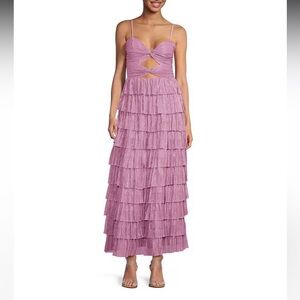 Gianni Bini Grace Metallic Plisse Sweetheart Neck Cut-Out Tiered Dress